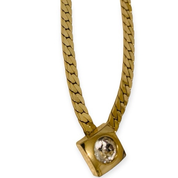 VTG NECKLACE Gold Tone Herringbone V Chocker 1980s Rhinestone Embedded Pendant - Picture 3 of 15